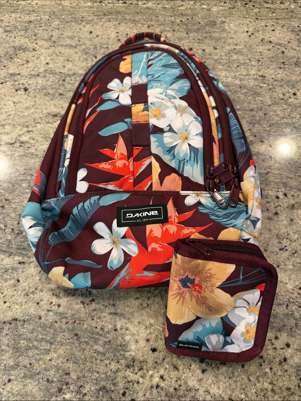 Dakine Burgundy Floral Backpack and Wallet with Teal & Red Accents